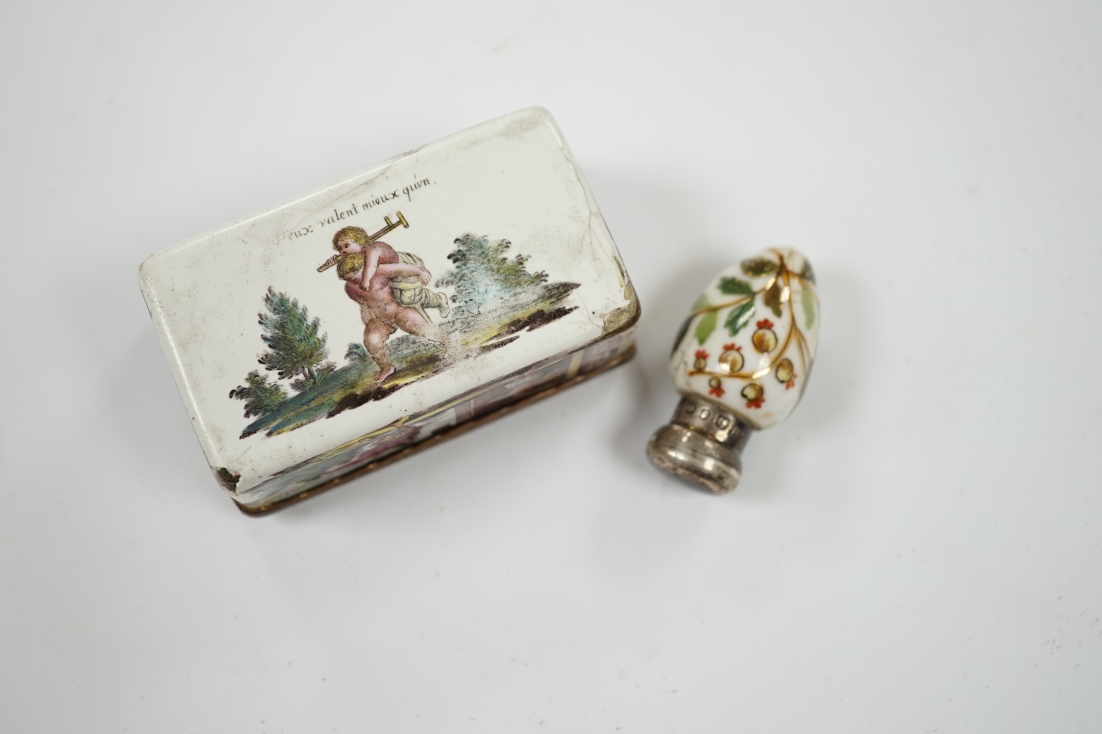 An 18th century French enamel snuff box and a late 19th century silver mounted porcelain scent bottle, largest 7.5cm. Condition - box poor, scent bottle fair
